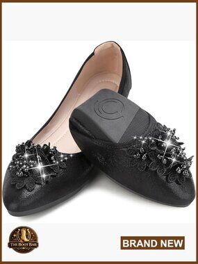 Foldable Ballet Flats with Rhinestone Flowers, Pointed Toe, PU Leather, Slip On